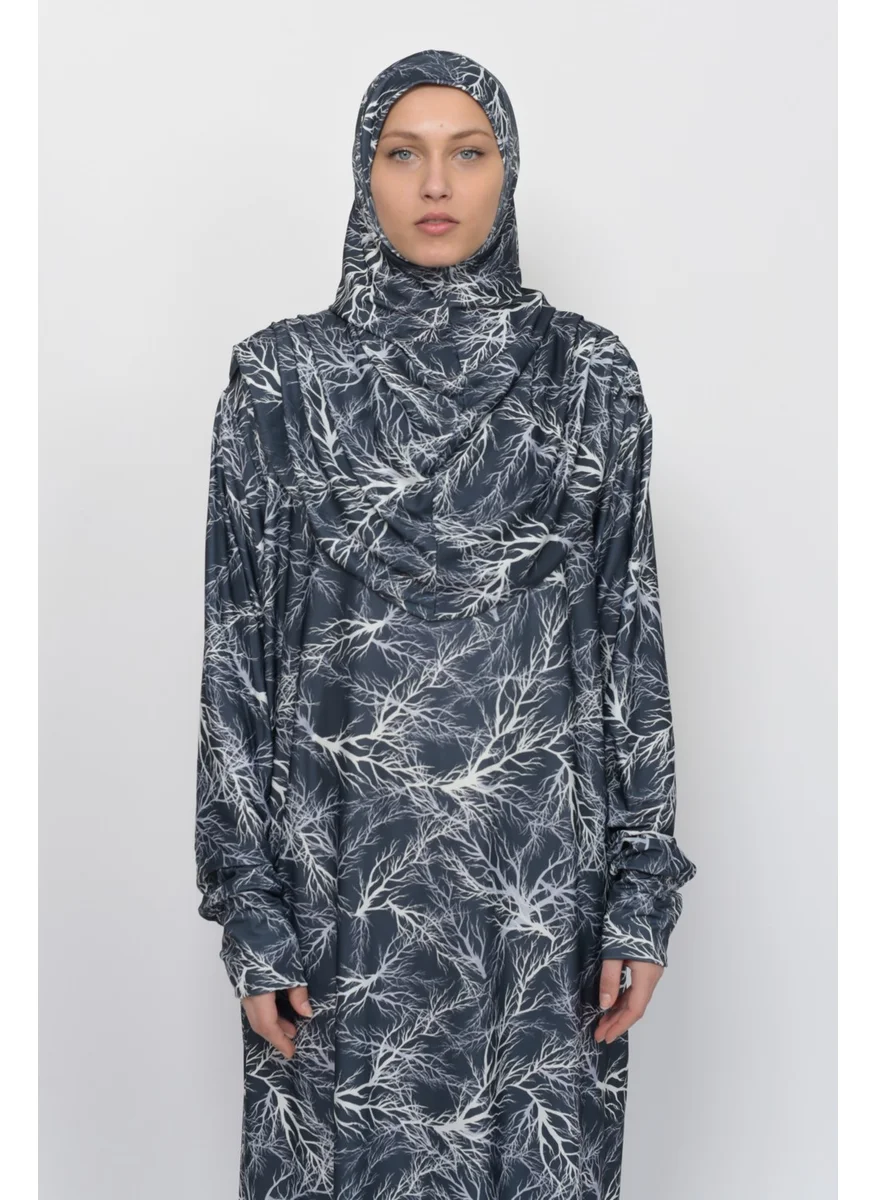 التوبة Practical One Piece Tree Patterned Sleeves Removable Headscarf Lycra Hijab Prayer Dress 990-0708