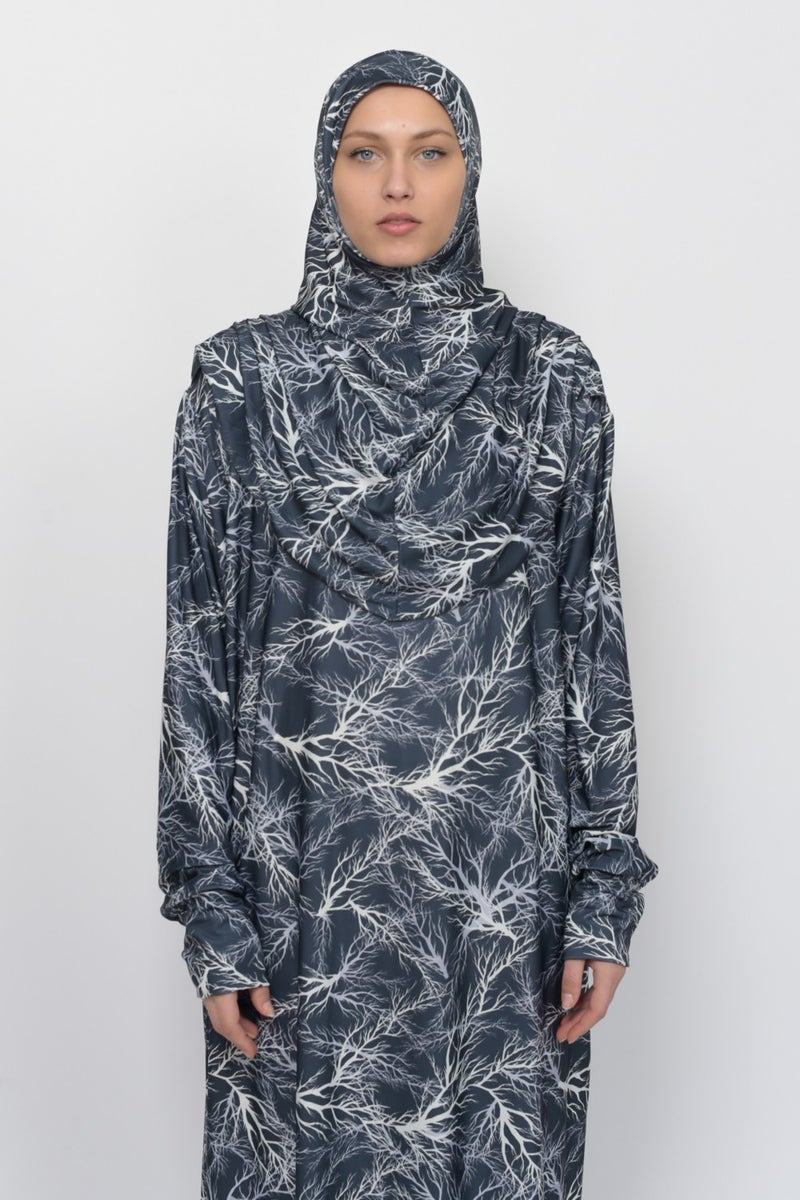 Altobeh Practical One Piece Tree Patterned Sleeves Removable Headscarf Lycra Hijab Prayer Dress 990-0708  - Image 4