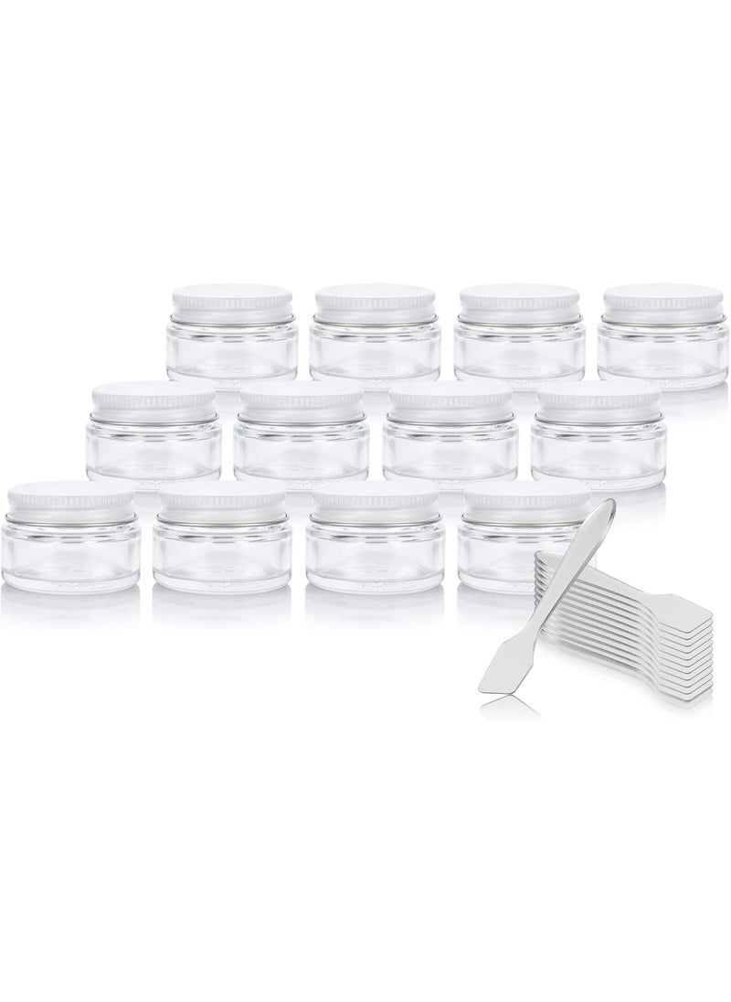 JUVITUS Clear Glass 0.50 oz / 15 ml Low Profile Thick Wall Balm Jars with White Metal Lids (12 PACK) + Spatulas 