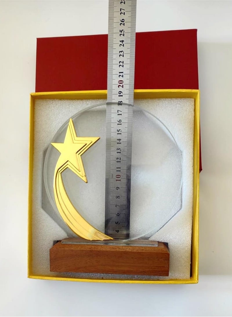 giftex Wood Base Circular Crystal Trophy Award with Gold Star Design - Image 4