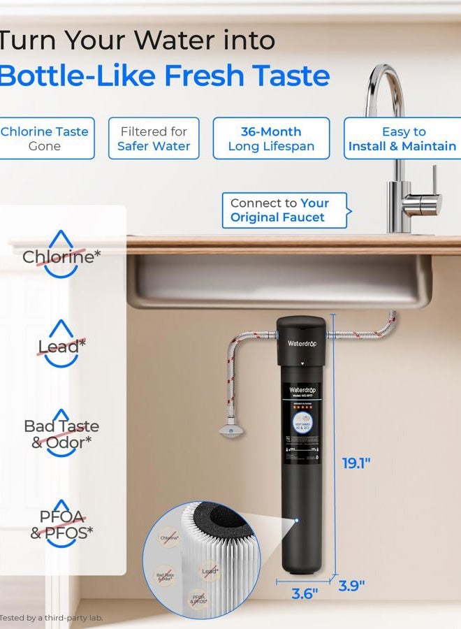 Waterdrop نظام فلترة المياه تحت الحوض 17UA، نظام فلترة المياه تحت العداد، يقلل من الكلور، الرصاص، الطعم السيء والرائحة، عمر افتراضي طويل جداً 3 سنوات، تقنية أمريكية - Image 2