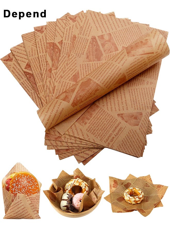 Depend 100 Sheets Bread Sandwich Burger Fries Food Grade Oil Proof Paper, Deli Wax Paper Sheets, Printed Greaseproof Deli Paper For Wrapping Breads Burgers French Fries Sandwiches (7 x 7 Inch, Brown) - Image 1
