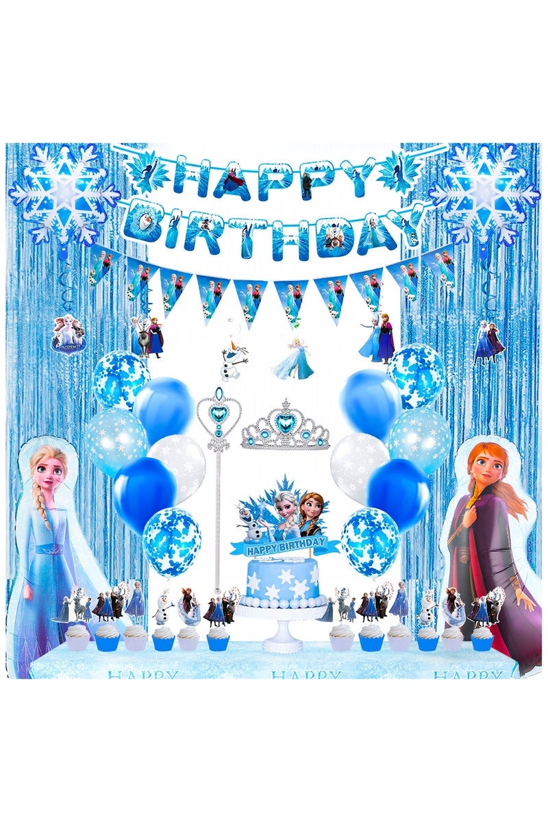 حفلة مثمرة لوازم حفلات أعياد الميلاد المجمدة، 55 قطعة زينة حفلات أعياد الميلاد المجمدة تشمل بالونات مجمدة وبالونات إلسا فويل بالونات فويل بانر كب كيك أغطية تاج تاج وعصا إلخ - Image 1