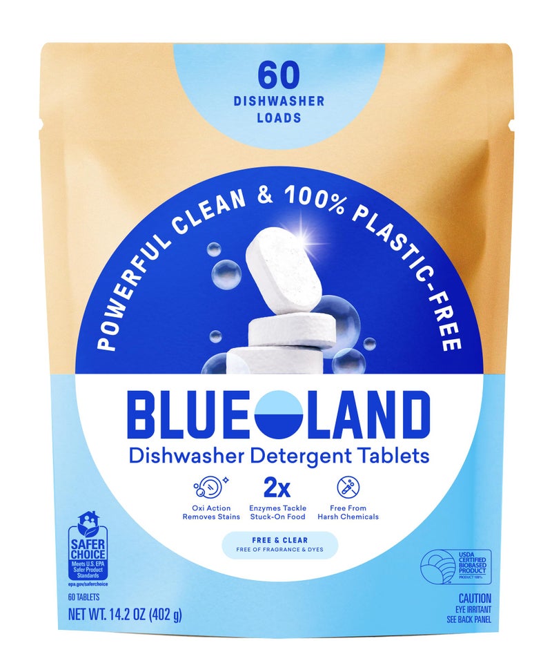 BLUELAND 100% Plastic-Free Dishwasher Detergent Tablets, 60 Count, Free & Clear, Eco-Friendly Dishwashing Pods, Natural, USDA Certified biobased - Image 1