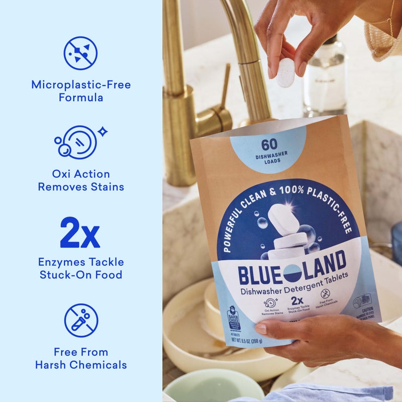 BLUELAND 100% Plastic-Free Dishwasher Detergent Tablets, 60 Count, Free & Clear, Eco-Friendly Dishwashing Pods, Natural, USDA Certified biobased - Image 2