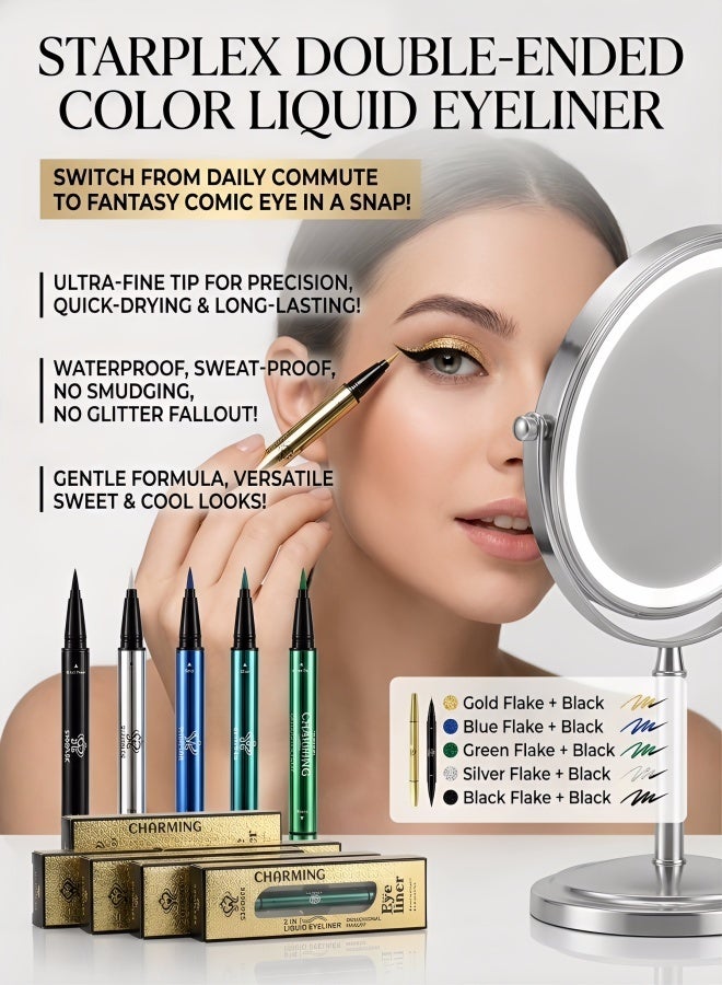 STARPLEX Double-Ended Glitter Liquid Eyeliner Gold Shimmer, Waterproof Sweatproof Smudge-Proof, Quick Dry 2-in-1 Dual Tip, 5 Shades, Ideal for Sensitive Eyes - Image 2