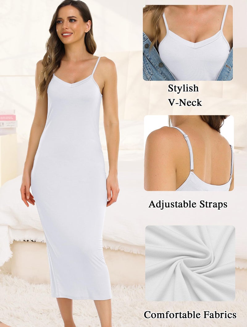 Vlazom Long Slip Dress for Women, Basic Adjustable Spaghetti Straps Cami Slip Dress Soft V Neck Nightgown Under Dresses A-white - Image 3