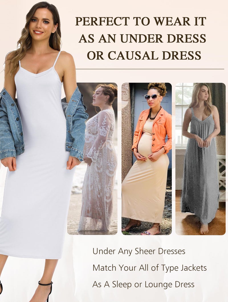 Vlazom Long Slip Dress for Women, Basic Adjustable Spaghetti Straps Cami Slip Dress Soft V Neck Nightgown Under Dresses A-white - Image 4