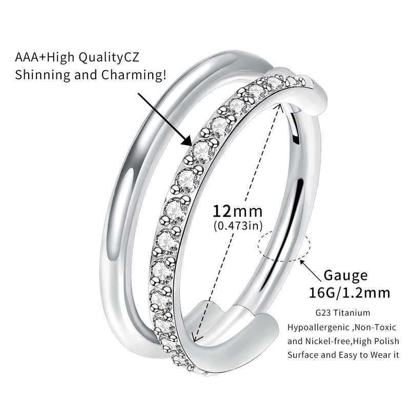 VOJO G23 Titanium 16G Cartilage Septum Hoop Piercing Jewelry Double Row Plated CZ Beads Conch Nose Rings Tragus for Women Men (12mm/0.472in, CZ Silver) - Image 5