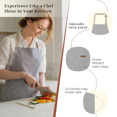 ARBINSON 2 Pack Cooking Aprons Adjustable Bib Apron for Women with 2 Pockets, Kitchen Restaurant Men Chefs Aprons (Beige/Black Stripes) - Image 2