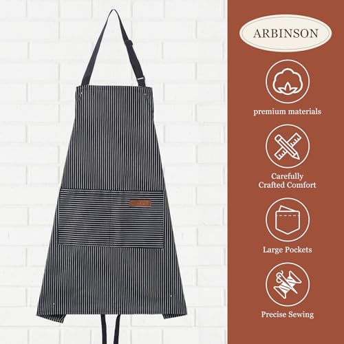 ARBINSON 2 Pack Cooking Aprons Adjustable Bib Apron for Women with 2 Pockets, Kitchen Restaurant Men Chefs Aprons (Beige/Black Stripes) - Image 3