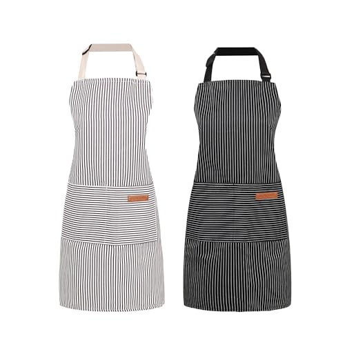ARBINSON 2 Pack Cooking Aprons Adjustable Bib Apron for Women with 2 Pockets, Kitchen Restaurant Men Chefs Aprons (Beige/Black Stripes) - Image 1