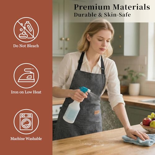 ARBINSON 2 Pack Cooking Aprons Adjustable Bib Apron for Women with 2 Pockets, Kitchen Restaurant Men Chefs Aprons (Beige/Black Stripes) - Image 5
