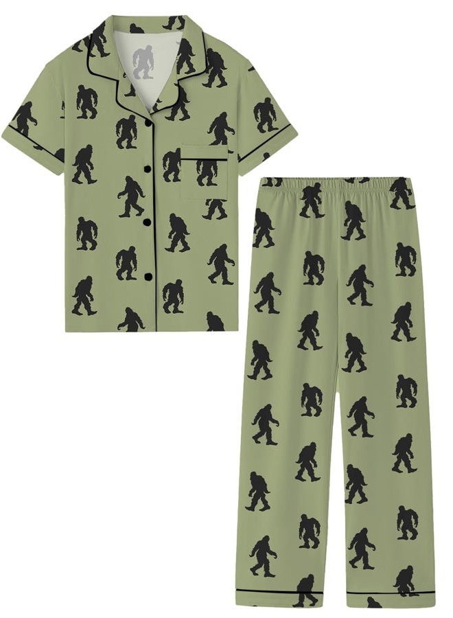 Umeyda Boys 100% Cotton Pajamas Short Sleeve and Long Pants 2-Piece PJ Set Kid Sleepwear Ages 4-12, Orangutan Green, 9-10 years - Image 1