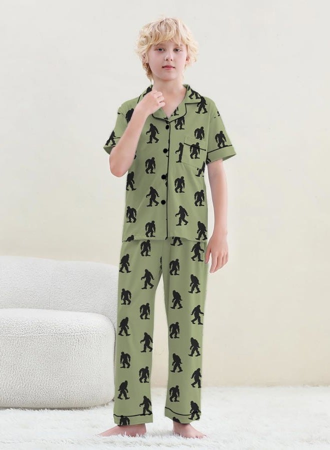 Umeyda Boys 100% Cotton Pajamas Short Sleeve and Long Pants 2-Piece PJ Set Kid Sleepwear Ages 4-12, Orangutan Green, 9-10 years - Image 3
