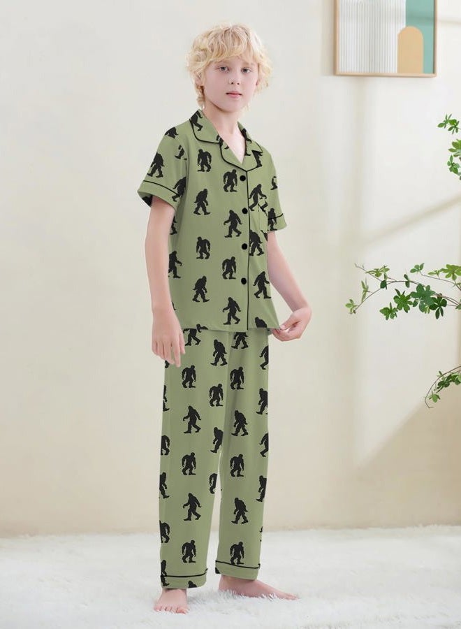 Umeyda Boys 100% Cotton Pajamas Short Sleeve and Long Pants 2-Piece PJ Set Kid Sleepwear Ages 4-12, Orangutan Green, 9-10 years - Image 2