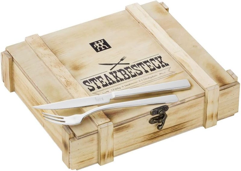 Zwilling 12-piece Steak Cutlery Set for 6 People, 6 Knives and 6 Forks, including Wood Storage Box, Stainless Steel/Wood - Image 2