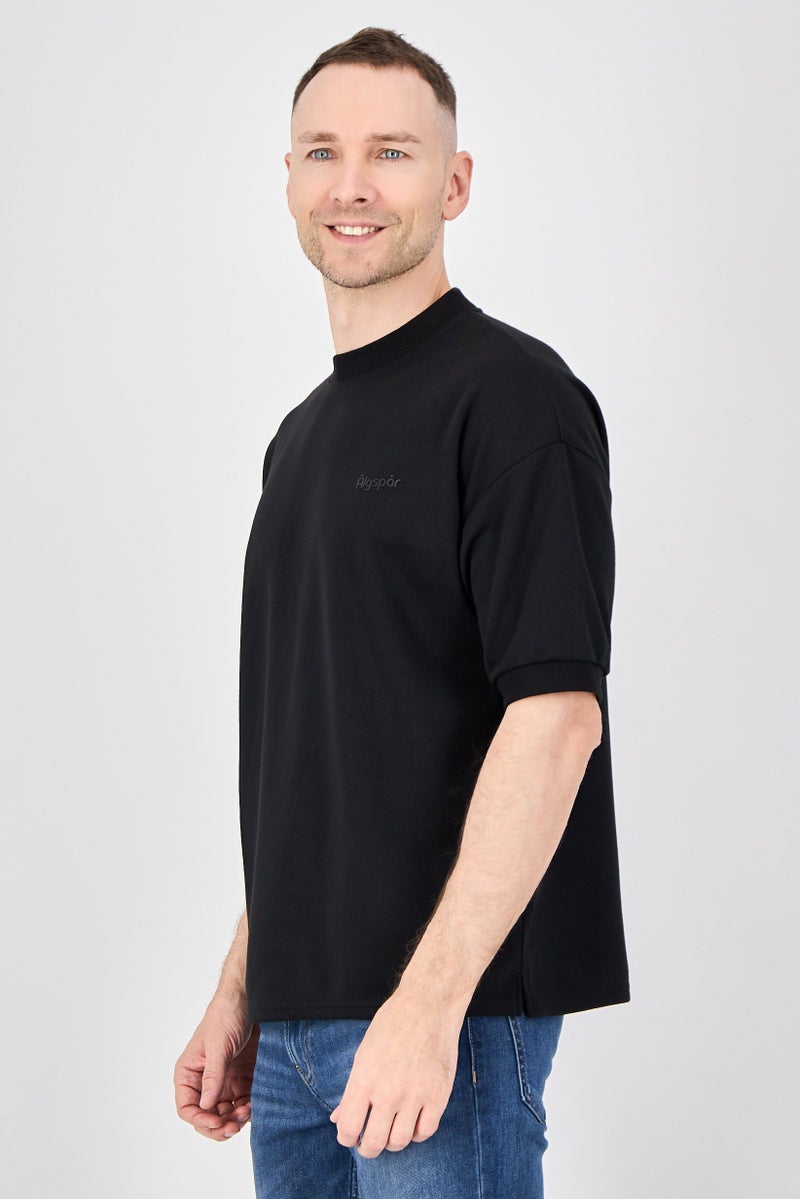 Algspar Men Crew Neck Short Sleeve Brand Logo T-Shirt, Black - Image 2