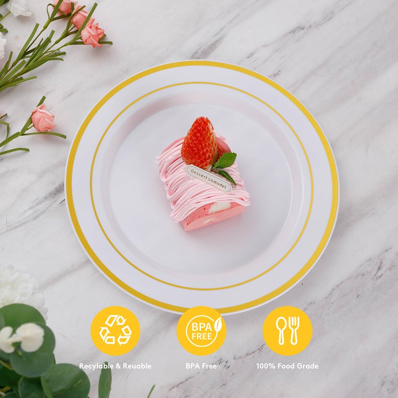 Goodluck 200PCS Gold Plastic Plates, Heavy Duty Disposable Gold Plates with 100 10.25 inch Dinner Plates and 100 7.5 inch Dessert Plates for Party, Holiday, Wedding, Thanksgiving - Image 5
