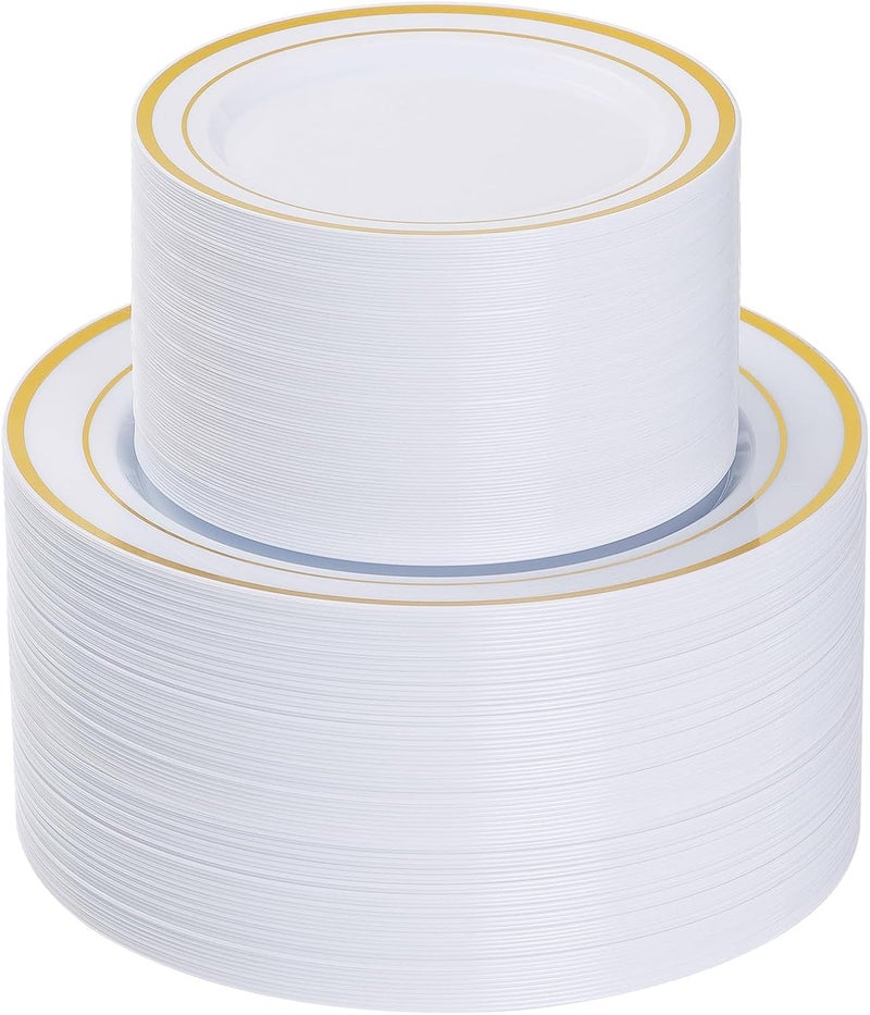Goodluck 200PCS Gold Plastic Plates, Heavy Duty Disposable Gold Plates with 100 10.25 inch Dinner Plates and 100 7.5 inch Dessert Plates for Party, Holiday, Wedding, Thanksgiving - Image 1