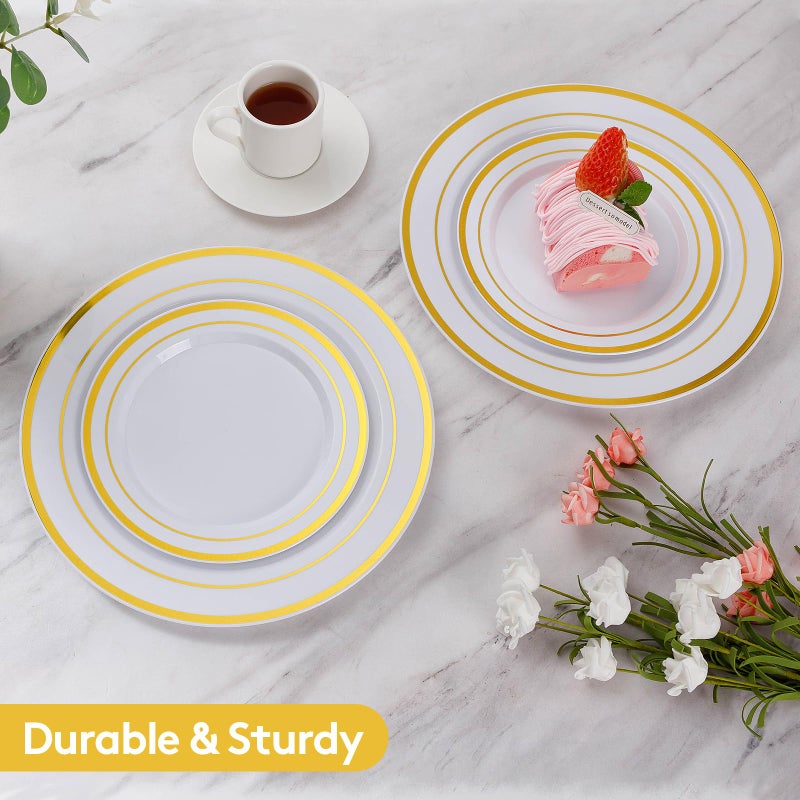 Goodluck 200PCS Gold Plastic Plates, Heavy Duty Disposable Gold Plates with 100 10.25 inch Dinner Plates and 100 7.5 inch Dessert Plates for Party, Holiday, Wedding, Thanksgiving - Image 2