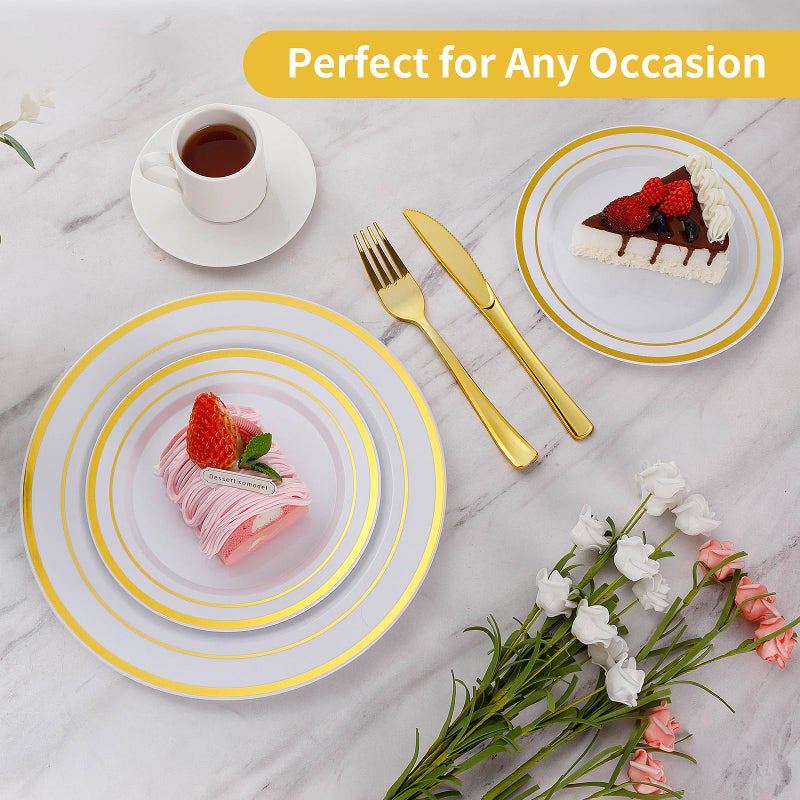 Goodluck 200PCS Gold Plastic Plates, Heavy Duty Disposable Gold Plates with 100 10.25 inch Dinner Plates and 100 7.5 inch Dessert Plates for Party, Holiday, Wedding, Thanksgiving - Image 3