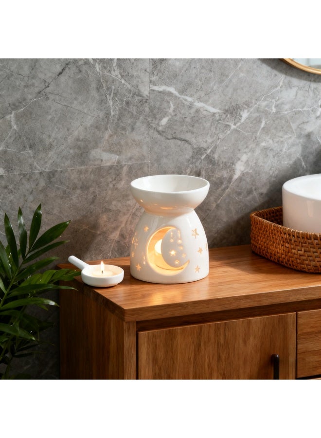 Ceramic Star u0026 Moon Tealight Holder u0026 Essential Oil Burner – White Hollow Celestial Candle Warmer for Living Room, Balcony, Patio u0026 Garden Decoration - Image 3