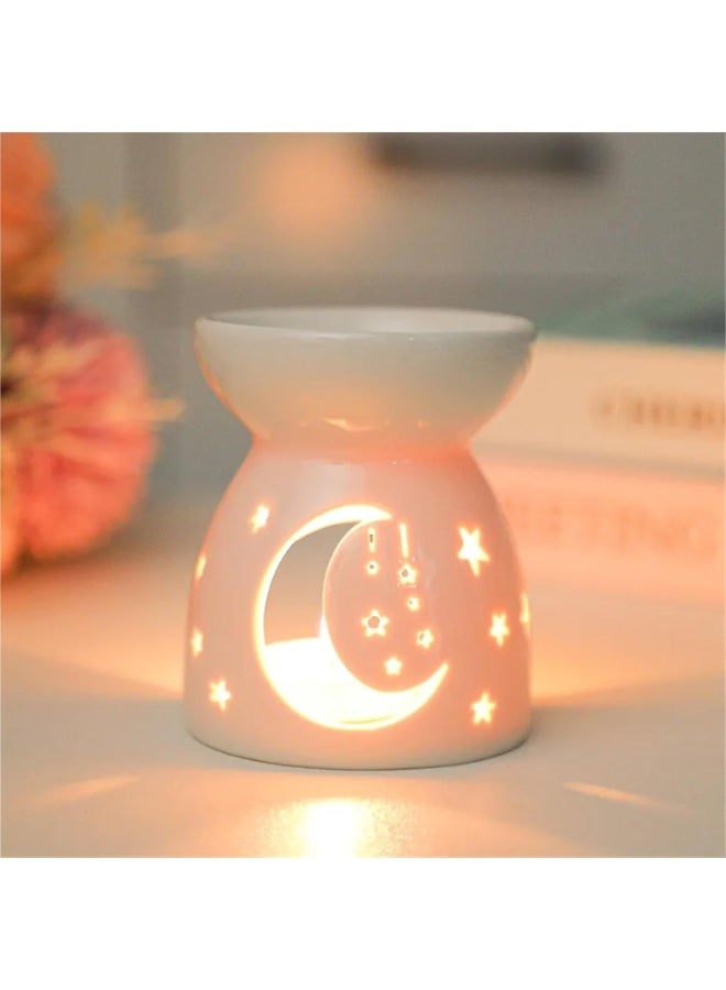 Ceramic Star u0026 Moon Tealight Holder u0026 Essential Oil Burner – White Hollow Celestial Candle Warmer for Living Room, Balcony, Patio u0026 Garden Decoration - Image 1