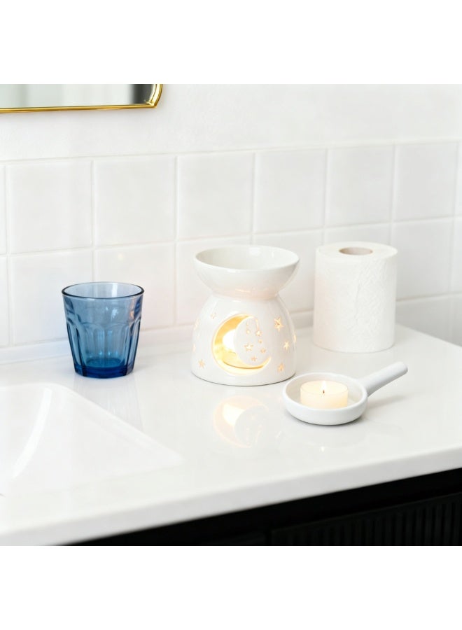Ceramic Star u0026 Moon Tealight Holder u0026 Essential Oil Burner – White Hollow Celestial Candle Warmer for Living Room, Balcony, Patio u0026 Garden Decoration - Image 5