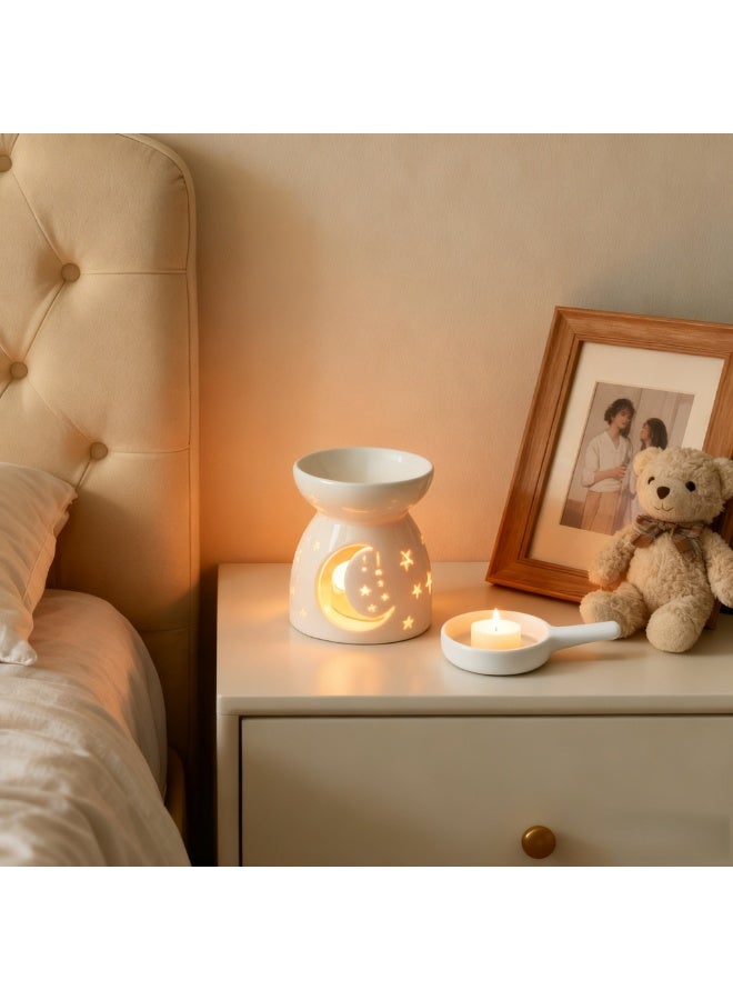 Ceramic Star u0026 Moon Tealight Holder u0026 Essential Oil Burner – White Hollow Celestial Candle Warmer for Living Room, Balcony, Patio u0026 Garden Decoration - Image 2