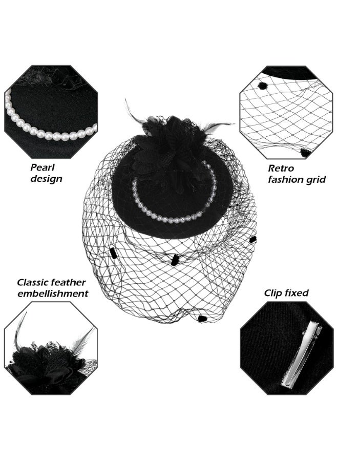 NajmStyle Vintage Fascinator Hat Faux Feather Mesh Net Hat Tea Party Headwear with Veil and Women Short Lace Gloves Imitation Pearl Necklace Costume Accessories for Girls and Women Wedding - Image 4