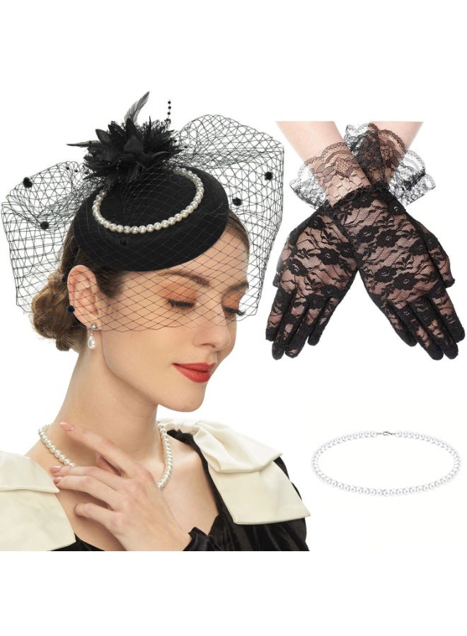 NajmStyle Vintage Fascinator Hat Faux Feather Mesh Net Hat Tea Party Headwear with Veil and Women Short Lace Gloves Imitation Pearl Necklace Costume Accessories for Girls and Women Wedding - Image 1