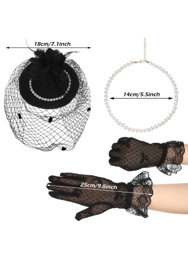 NajmStyle Vintage Fascinator Hat Faux Feather Mesh Net Hat Tea Party Headwear with Veil and Women Short Lace Gloves Imitation Pearl Necklace Costume Accessories for Girls and Women Wedding - Image 3