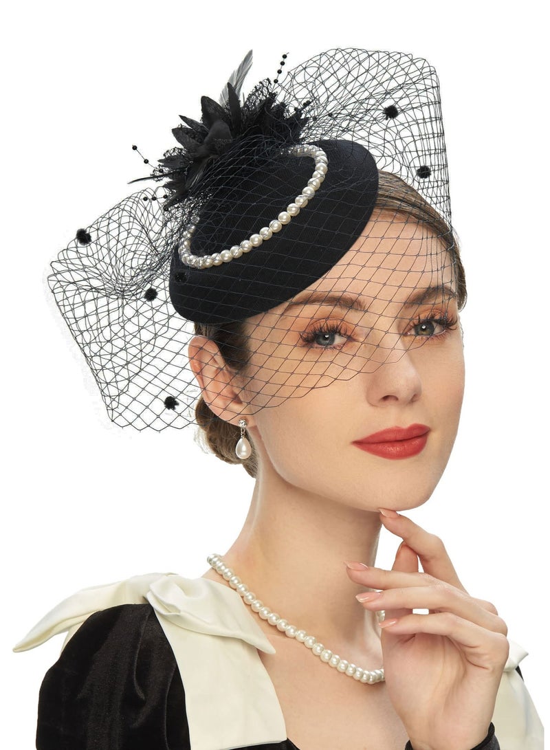 NajmStyle Vintage Fascinator Hat Faux Feather Mesh Net Hat Tea Party Headwear with Veil and Women Short Lace Gloves Imitation Pearl Necklace Costume Accessories for Girls and Women Wedding - Image 2
