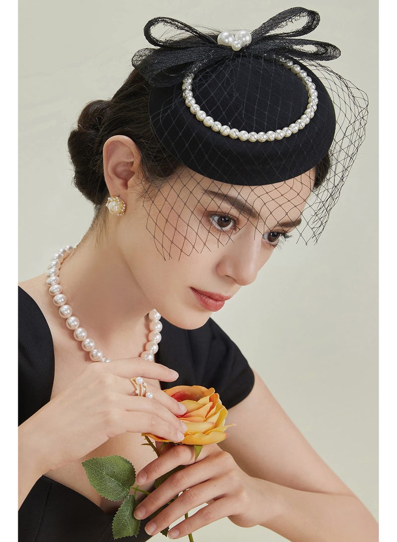 NajmStyle Vintage Fascinator Hat Faux Feather Mesh Net Hat Tea Party Headwear with Veil and Women Short Lace Gloves Imitation Pearl Necklace Costume Accessories for Girls and Women Wedding - Image 5