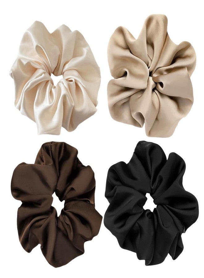 PIDOUDOU 4 Pieces Jumbo Satin Silk Scrunchies for Women 7.2 Inches Large Oversize Scrunchies For Thick Hair Elastic Hair Ties (Brown Mix) - Image 1