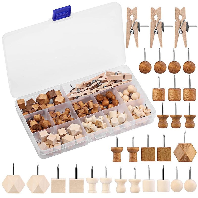 Climberty ® 114Pcs Wood Push Pins with Storage Box, 3 Colors 7 Thumbtack Styles, Decorative Push Pins for Bulletin Board Cork Board Felt Board Push Pin Clip for Home, Office Accessories Stationery - Image 1
