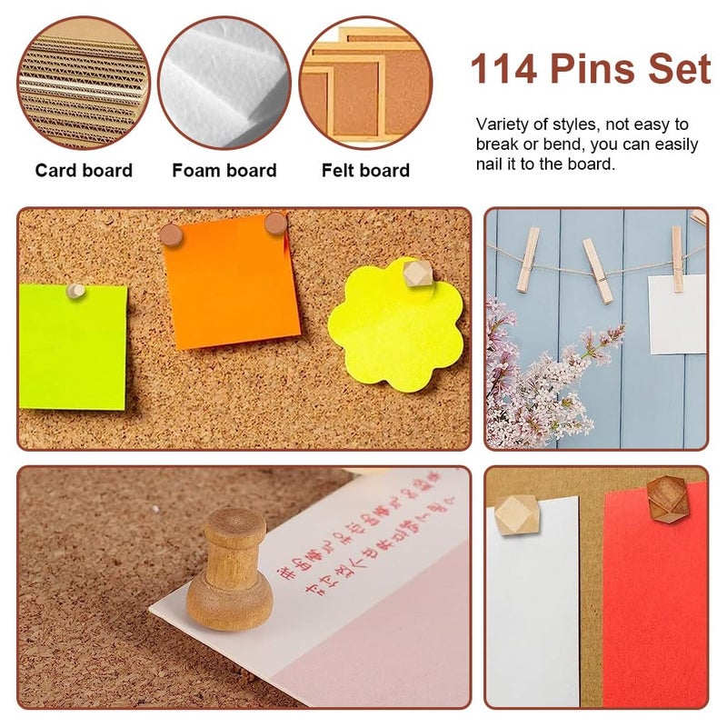 Climberty ® 114Pcs Wood Push Pins with Storage Box, 3 Colors 7 Thumbtack Styles, Decorative Push Pins for Bulletin Board Cork Board Felt Board Push Pin Clip for Home, Office Accessories Stationery - Image 3