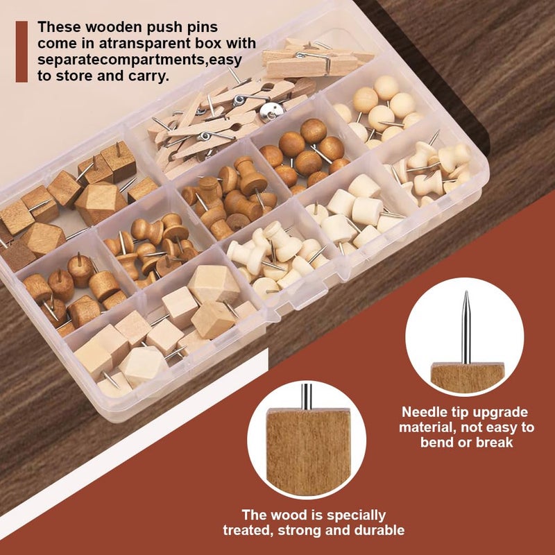 Climberty ® 114Pcs Wood Push Pins with Storage Box, 3 Colors 7 Thumbtack Styles, Decorative Push Pins for Bulletin Board Cork Board Felt Board Push Pin Clip for Home, Office Accessories Stationery - Image 4