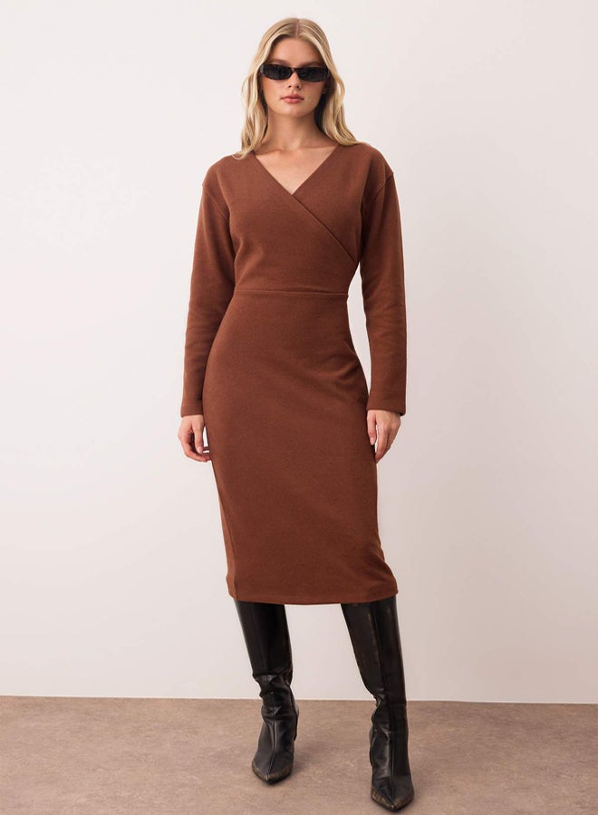 trendyol Dark Brown Thessaloniki/Trikot Look Double Breasted Midi Knitted Dress - Image 1