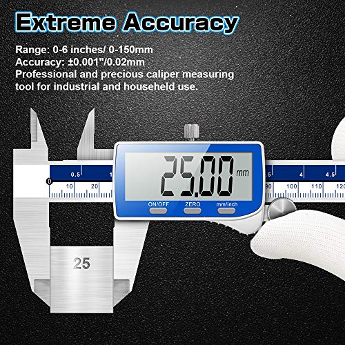 Qfun Digital Caliper, 0-6inch Caliper Measuring Tool Extreme Accuracy IP54 Waterproof Electronic Vernier Caliper Stainless Steel Digital Micrometer with Extra Large LCD Screen - Image 2