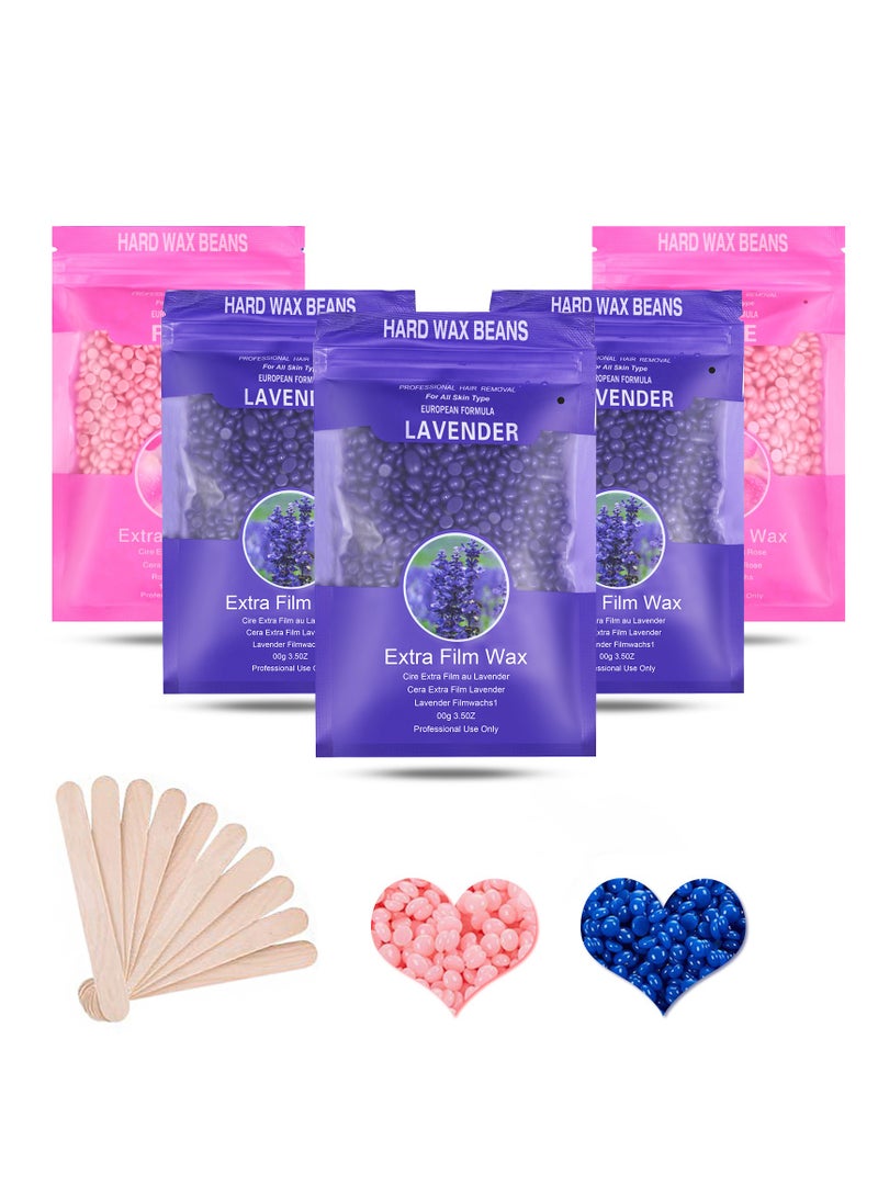 Hard Wax Beads for Hair Removal with 10 Sticks, Wax Beads for Sensitive Skin, Body Wax Beads for Thick Hair, Waxing Beads for Face, Eyebrows, Body, Home(100g/pack) (5pack, Rose+Lavender) - Image 1