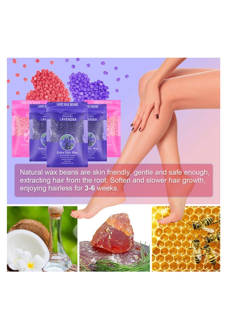 Hard Wax Beads for Hair Removal with 10 Sticks, Wax Beads for Sensitive Skin, Body Wax Beads for Thick Hair, Waxing Beads for Face, Eyebrows, Body, Home(100g/pack) (5pack, Rose+Lavender) - Image 2