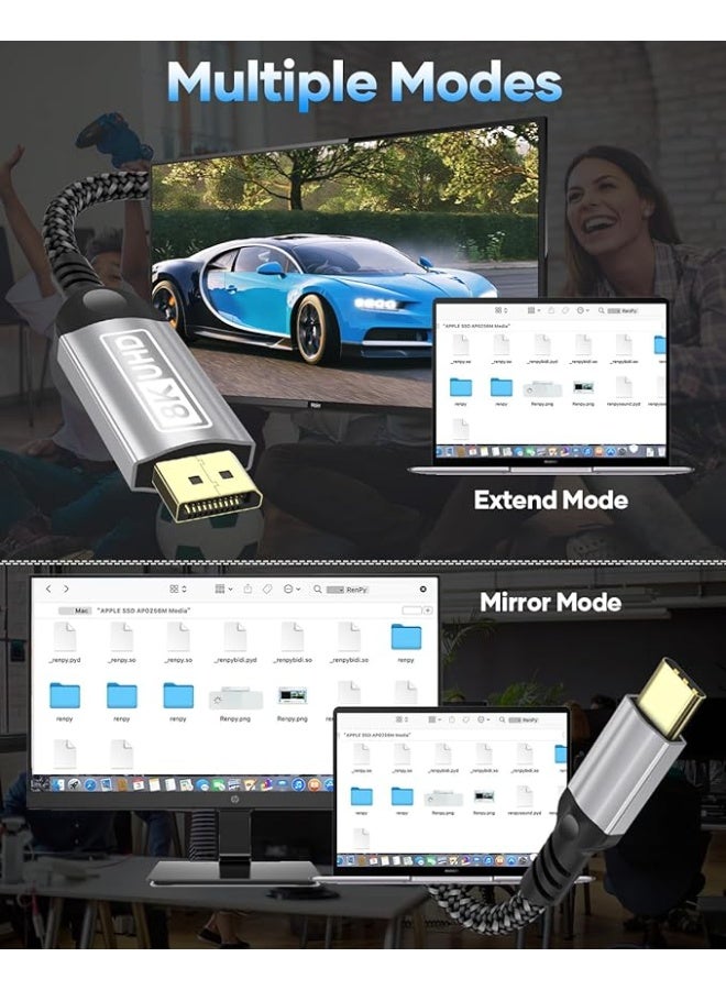 كابل USB C إلى DisplayPort بطول 2 متر – دقة 8K@60Hz و4K@240Hz، متوافق مع Thunderbolt 3/4، أحادي الاتجاه - Image 2