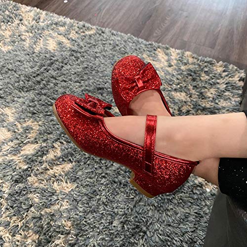 Stelle Girls Dress Shoes Glitter Princess Shoe Flower Mary Jane Low Heels Party Wedding Prom Footwear for Toddler Kids(T08-Red, 10MT) - Image 2