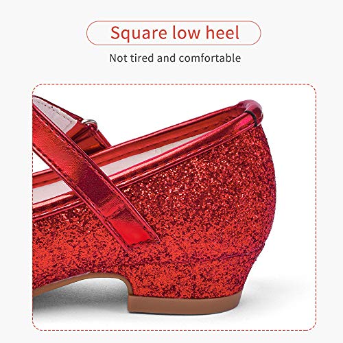 Stelle Girls Dress Shoes Glitter Princess Shoe Flower Mary Jane Low Heels Party Wedding Prom Footwear for Toddler Kids(T08-Red, 10MT) - Image 4