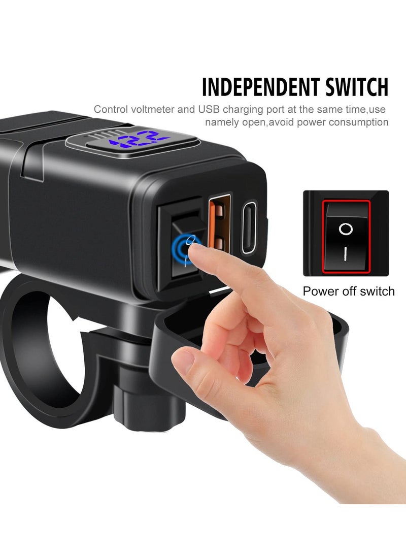 erorex Motorcycle USB Charger Type C  USB Port QC3.0 Quick Charge 12v USB Socket with Voltmeter Display and Switch Waterproof Motorbike Phone Charger - Image 3