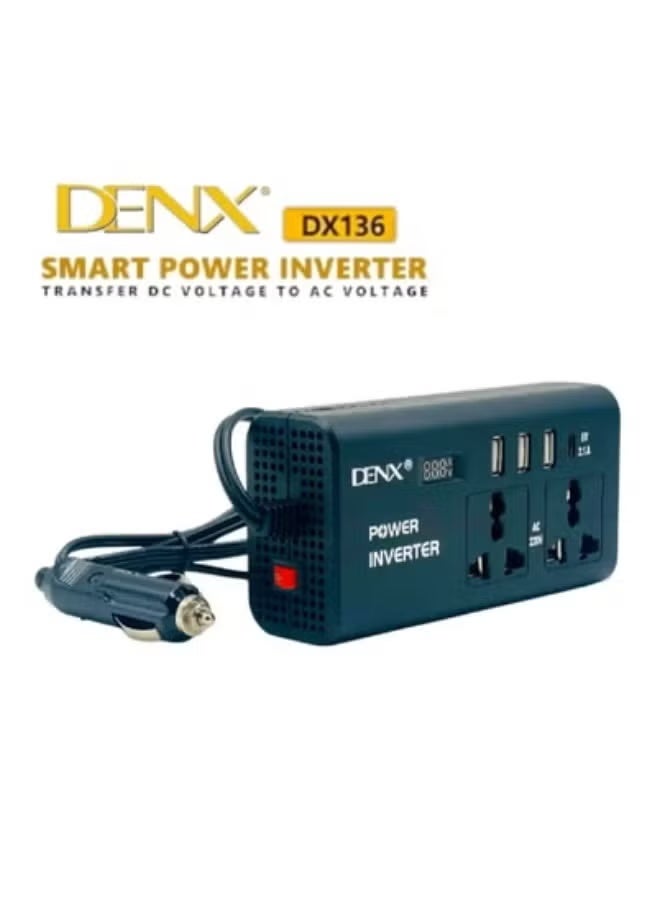 Denx Car Power Inverter 12V DC to 220V AC Converter with 3 USB Ports 5V/2.1A, Universal AC Socket, Compact Portable Design, LED Indicator & Multi-Layer Safety Protection - Image 3