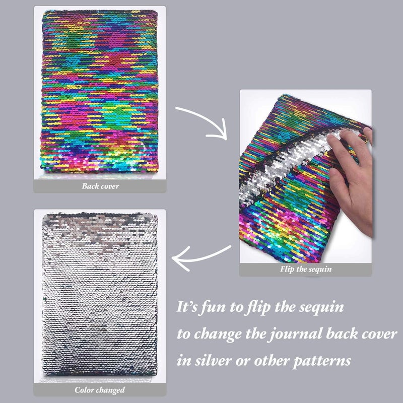 GINMLYDA Sequin Girls Journal for Kids, 8.5x5.5 Inches 160 Lined Pages Diary for Girls Unicorn Reversible Flip Sequence Notebook for Teenage Pre School Writing Drawing Travel Gifts(Rainbow-Sliver) - Image 5