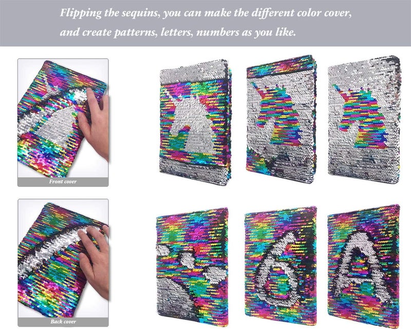 GINMLYDA Sequin Girls Journal for Kids, 8.5x5.5 Inches 160 Lined Pages Diary for Girls Unicorn Reversible Flip Sequence Notebook for Teenage Pre School Writing Drawing Travel Gifts(Rainbow-Sliver) - Image 2